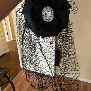 Black Floral Veil Fascinator with Crystal Brooch